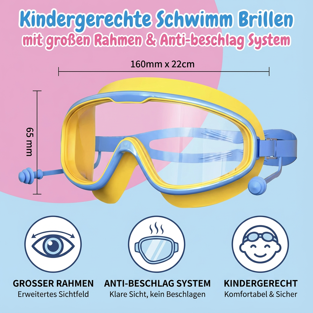Transparente Kinder Schwimmbrille mit Anti-Fog-Beschichtung für dauerhaft klare Unterwassersicht.