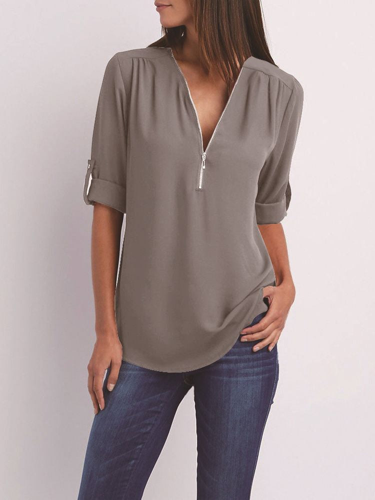 Rückenansicht der eleganten Damen Langarm Bluse, modisch & bequem für Alltag & Büro.