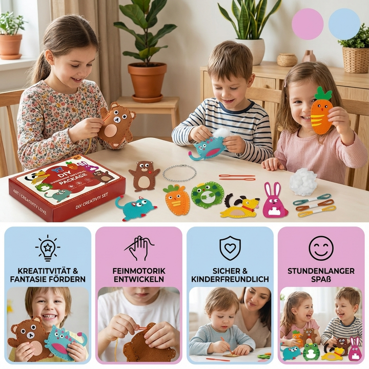 Kinder Bastelset Filztiere zum Nähen, fördert Kreativität und Feinmotorik beim Spiel.