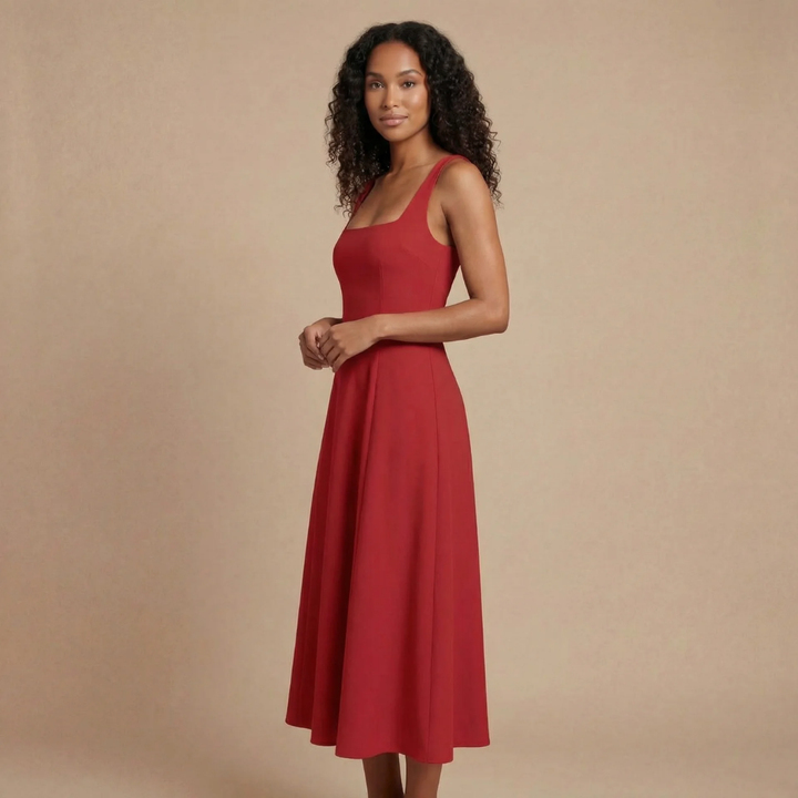 Schmeichelndes Damen Midikleid, ärmellos, mit stilvollem Karree-Ausschnitt. Vielseitiges elegantes Abendkleid.