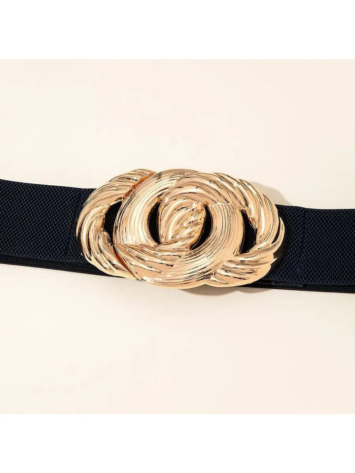 Vintage Damen Stretch Taillengürtel in Schwarz mit filigraner Schnalle, ideal als modisches Accessoire für Kleider.