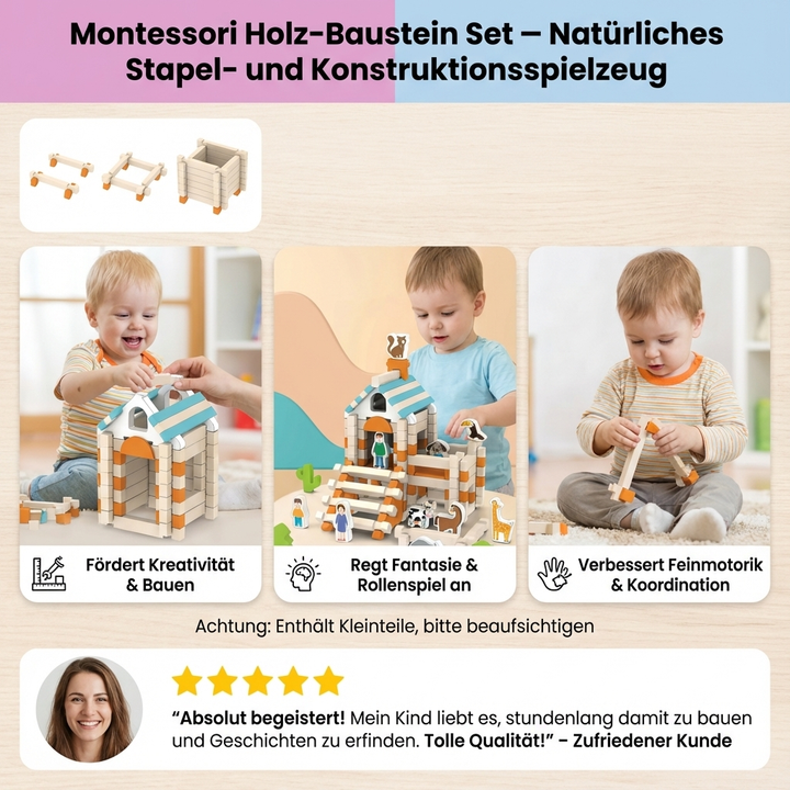 Kreatives Konstruktionsspielzeug: Montessori Holz-Bausteine für fantasievolles Bauen & Stapeln, kindgerecht & nachhaltig.