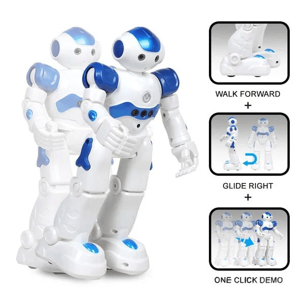 Der Kinder-Lernroboter führt lustige Tanzbewegungen aus, gesteuert von einem Kind.