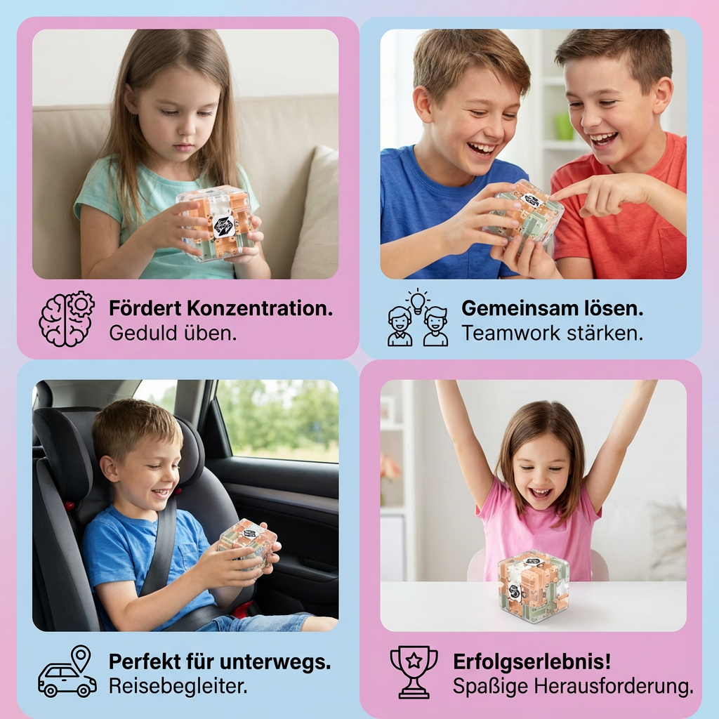 Kompakter 3D Labyrinth Puzzle Würfel als Kinderspielzeug & Reisespiel, fördert Geschicklichkeit & Logik.