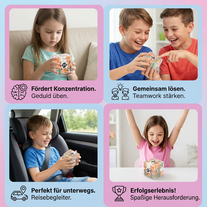 Kompakter 3D Labyrinth Puzzle Würfel als Kinderspielzeug & Reisespiel, fördert Geschicklichkeit & Logik.