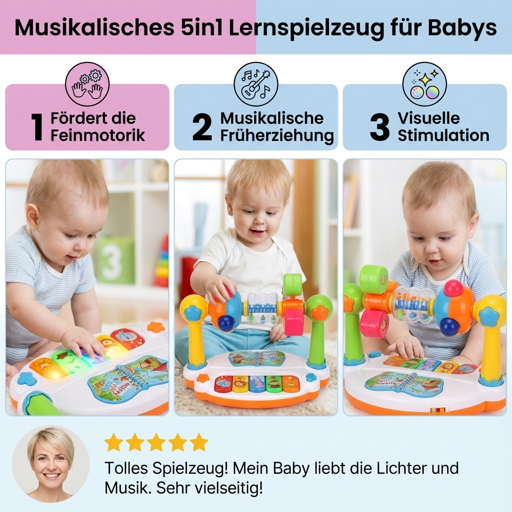 Vielseitiges 5-in-1 Förderspielzeug für Kleinkinder; mit Lichtern, Klängen & Formen für sensorisches Lernen.
