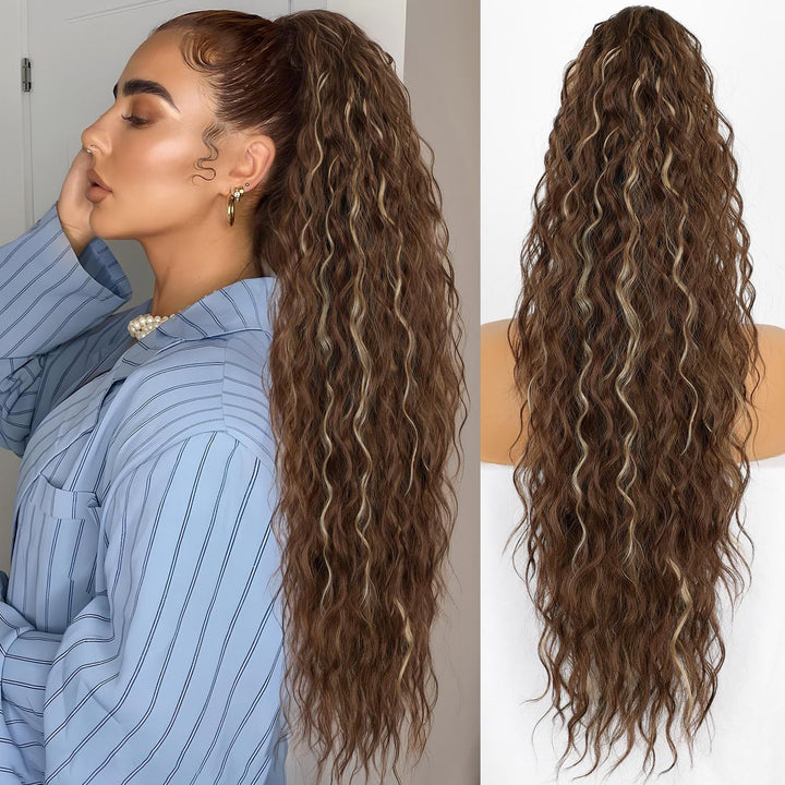 Elegante 76cm Pferdeschwanz-Extension mit Volumen & Wellen, einfach mit Krallenclip zu befestigen.