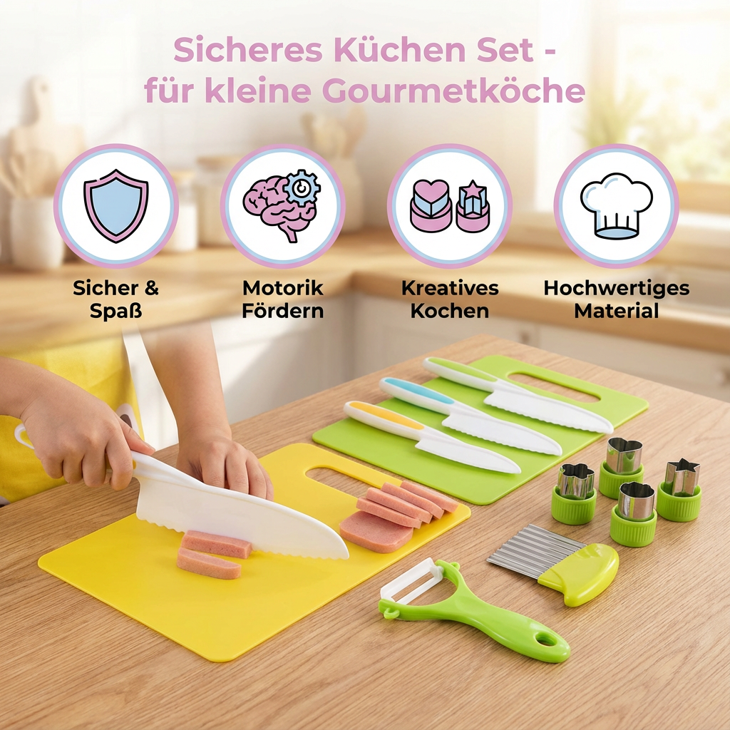 Detailansicht sicherer Küchenutensilien für Kinder, ergonomisch geformt für erste Kochversuche und Lernspielzeug.