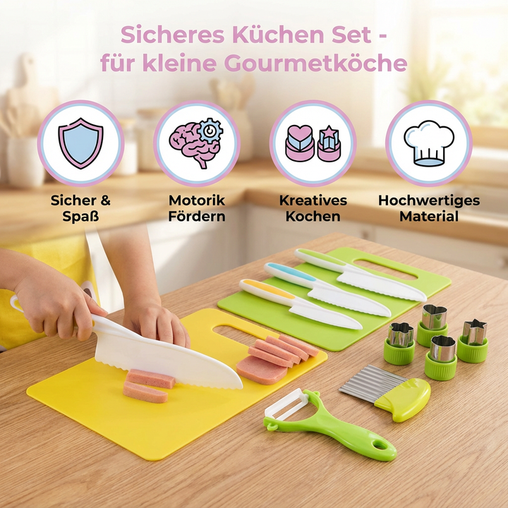 Detailansicht sicherer Küchenutensilien für Kinder, ergonomisch geformt für erste Kochversuche und Lernspielzeug.
