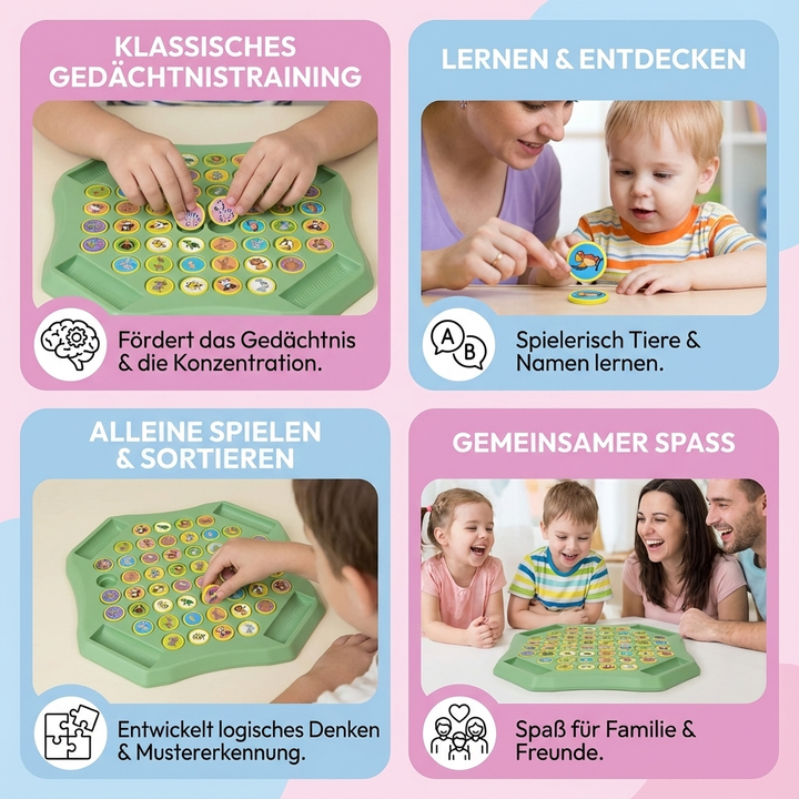 Memory Familienspiel mit bunten Tiermünzen. Pädagogisches Holzspielzeug für Kinder, schult spielerisch das Gedächtnis.