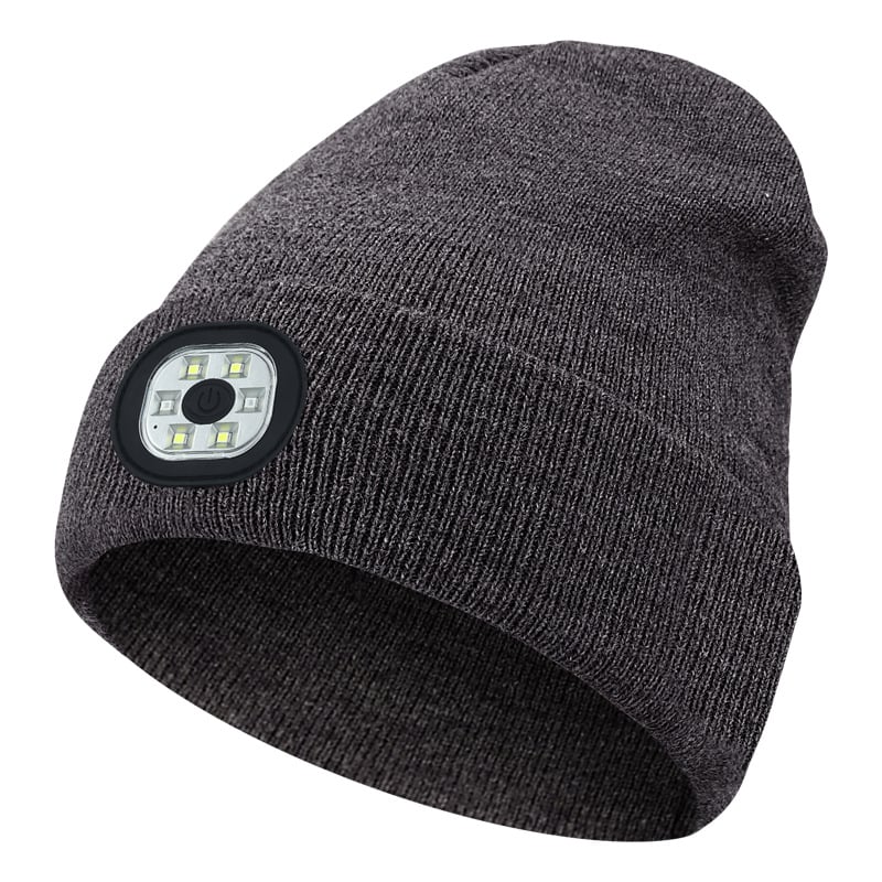 Warme Strickmütze (Beanie) mit Bluetooth-Kopfhörern & hellem LED-Licht für dunkle Winterabende im Freien.