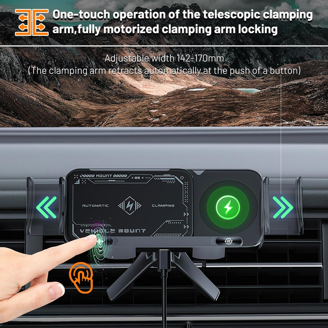 Moderner 15W Wireless Charging Handyhalter für das Auto. Ideal für schnelle Akkuaufladung während der Fahrt.