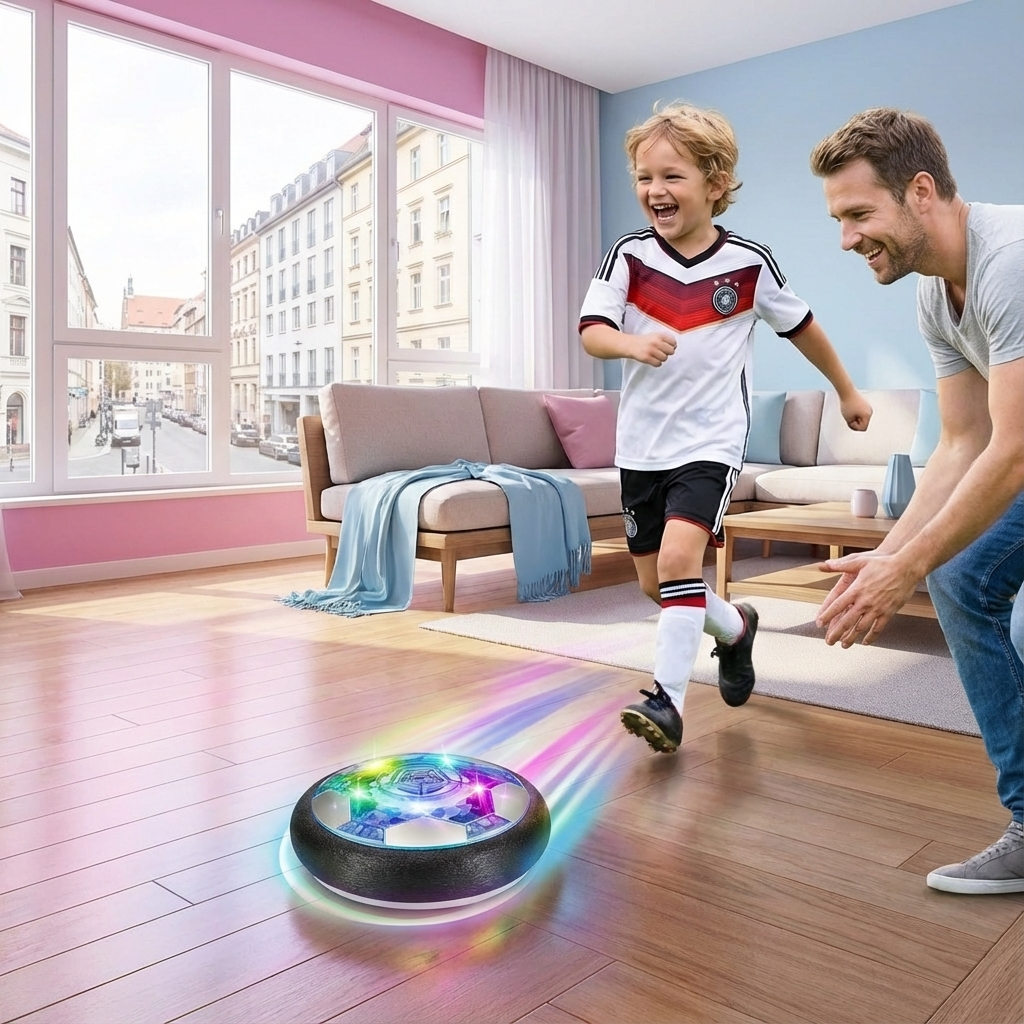 Schwebender Luftkissen-Fußball für Innenräume mit bunten LED-Lichtern für sicheren Spielspaß zu Hause.