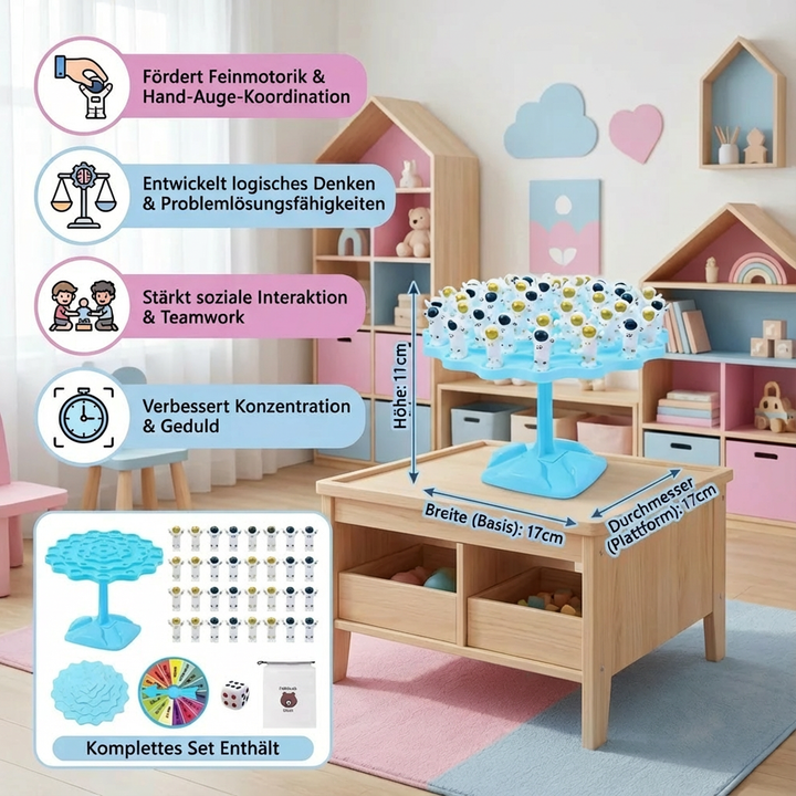 Pädagogisches Astronautenspiel zur Förderung der Feinmotorik, Konzentration und Geduld bei Kindern.