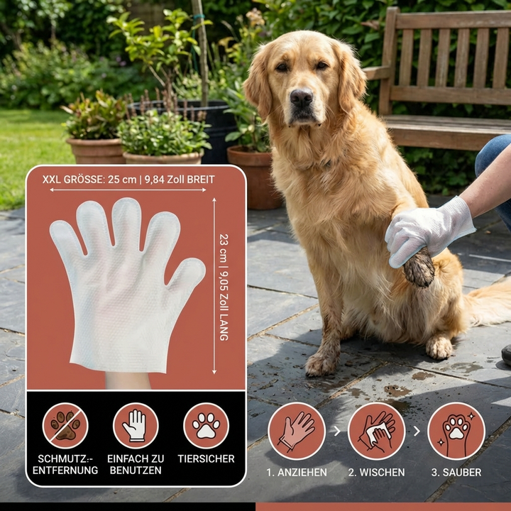 Tierpflege-Handschuhe für hygienische Sauberkeit. Einfache Anwendung für Hund, Katze und Kleintiere, sorgen für Frische.
