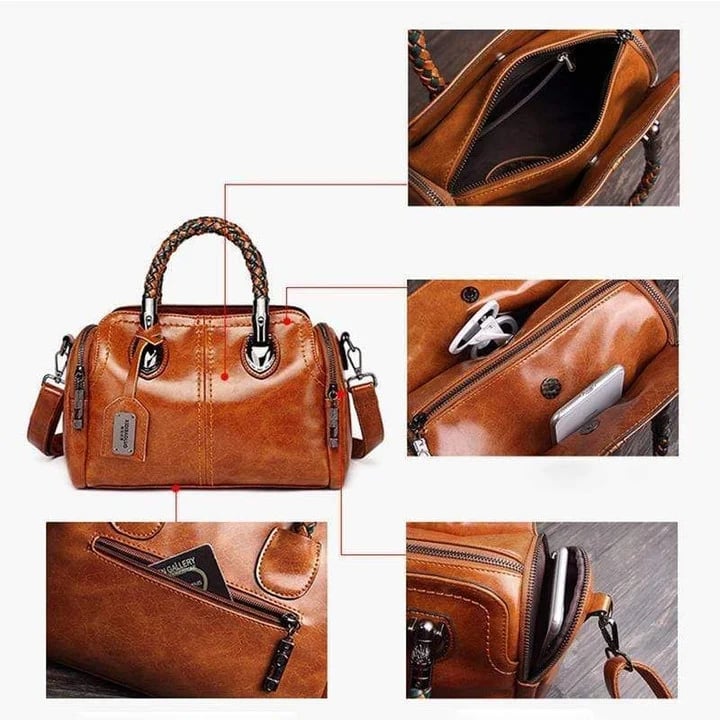 Große blaue Damen Handtasche aus Rindsleder im Retro-Stil, Doppelgriff.