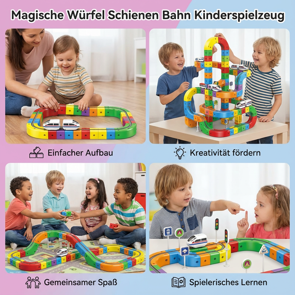 Ideales Geschenk für Kinder: Magische Würfel Schienen Bahn Bausatz, fördert spielerisch logisches Denken.
