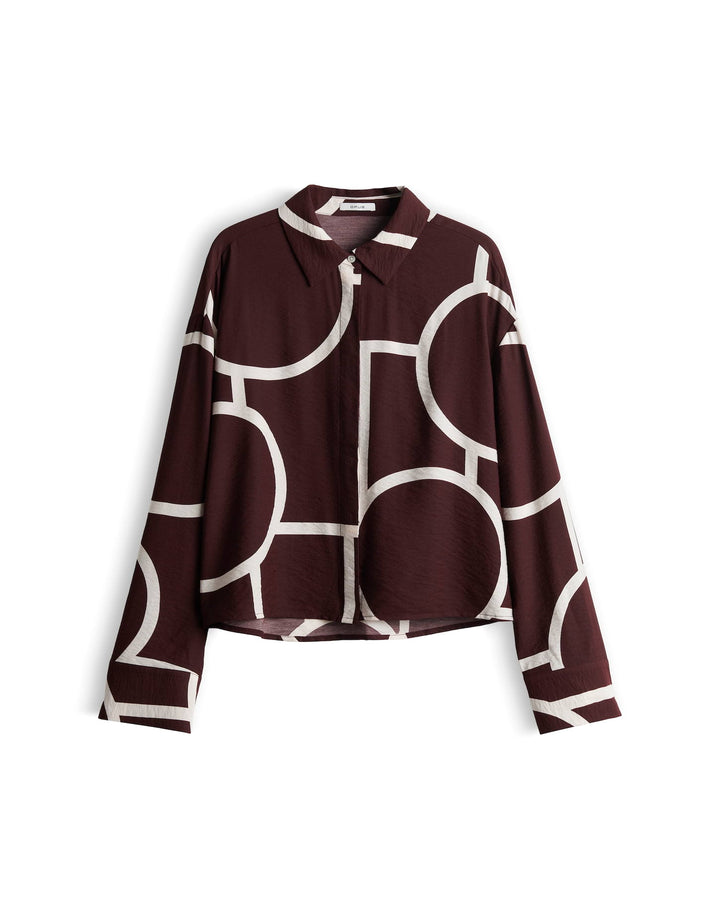 Modische Damen Bluse mit grafischem Muster, Langarm und Hemdblusenkragen für einen eleganten Freizeit Look.