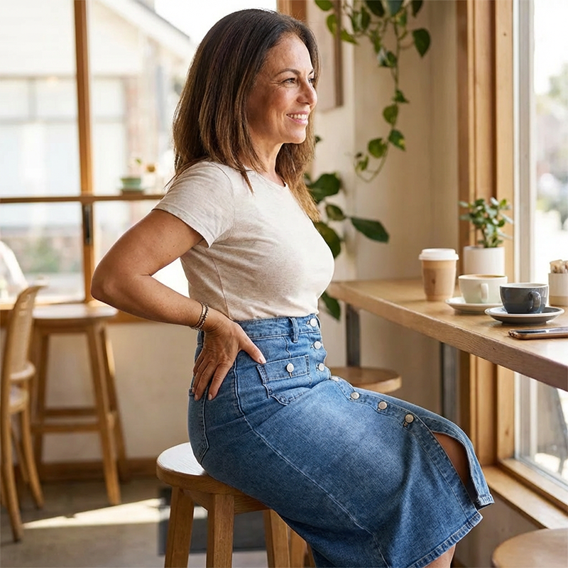 Figurbetonter Damen Jeansrock in Hellblau, High-Waist, Bleistiftform, perfekt für sommerliche Outfits.