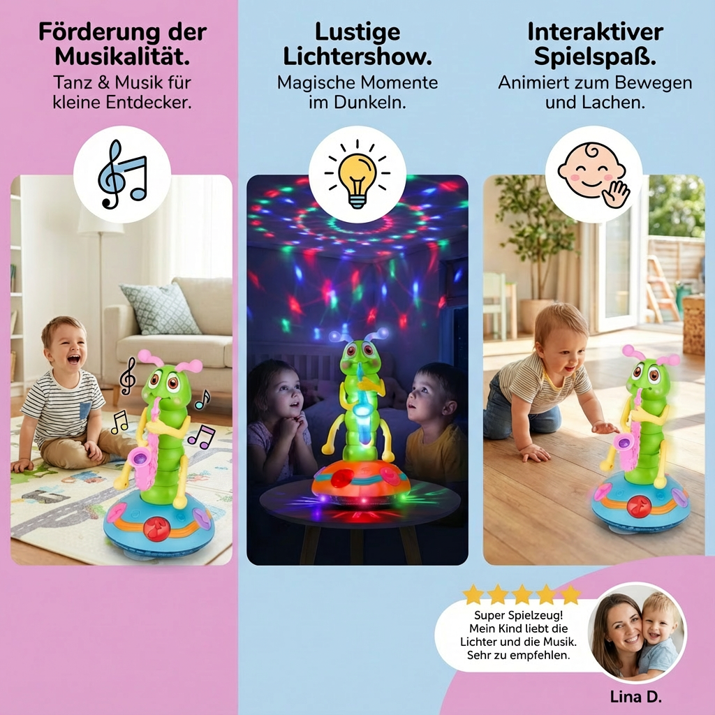 Elektronisches Kinderspielzeug: Tanzende Raupe spielt Saxophon, animiert zu Bewegung und bietet Spielspaß mit Lichteffekten.