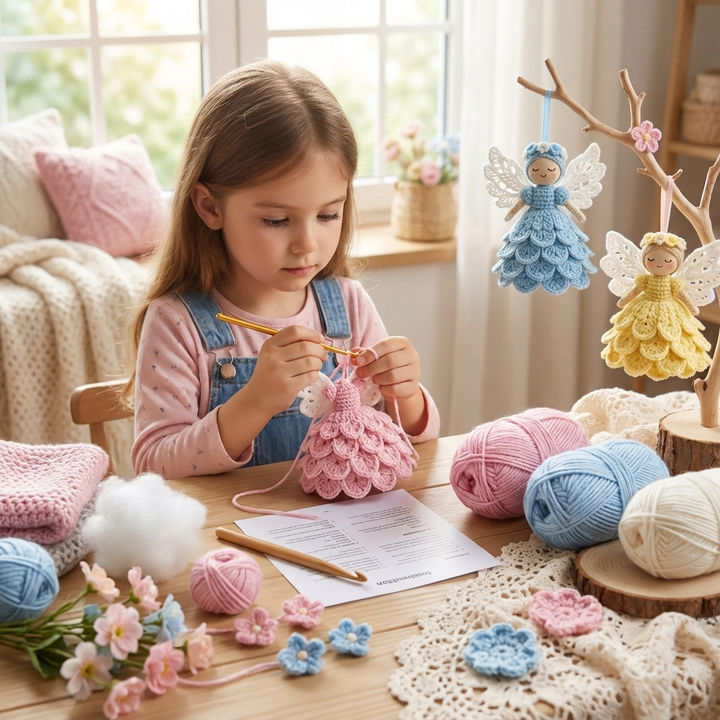 Süßer, gehäkelter Engel als Deko, aus DIY Häkelset, ideal für kreatives Hobby & Bastelfreunde.