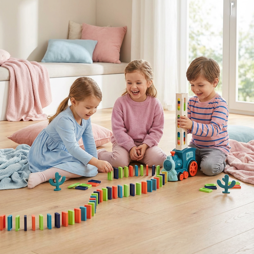 Automatischer Domino-Zug für Kinder in Aktion, der bunte Dominosteine für kreativen Bauspaß setzt.