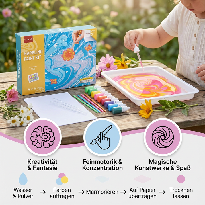 Pädagogisches Kreativset: Kinder entwickeln Feinmotorik & künstlerische Fähigkeiten mit Marmor-Wasserfarben.