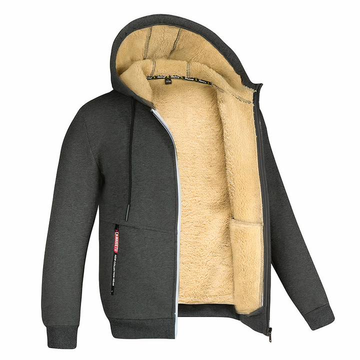 Moderne Herren Fleecejacke mit Kapuze, weich gefüttert. Stilvolle Wintermode für kalte Temperaturen.