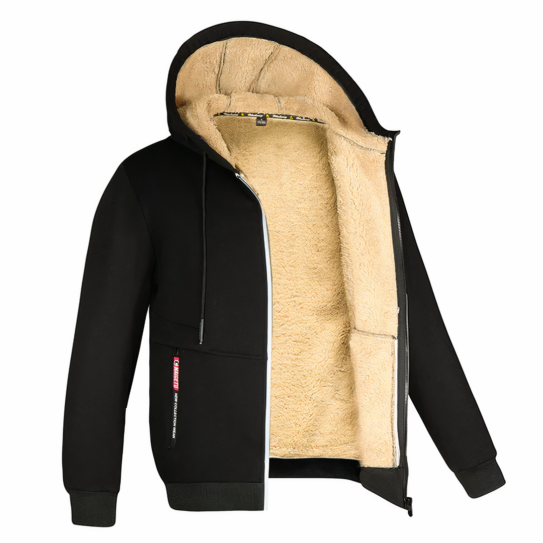 Schwarze Herren Winterjacke aus Fleece, warm & bequem. Perfekte Outdoor- und Casual Jacke für kalte Tage.