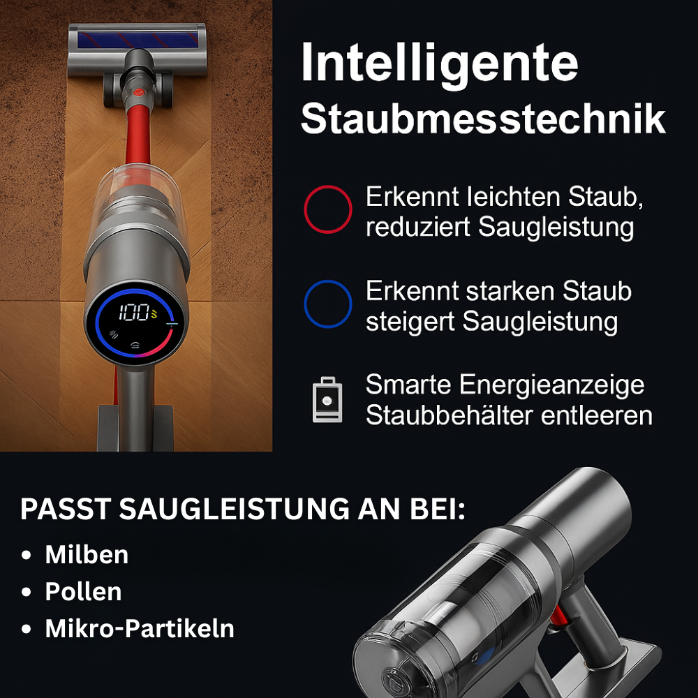 Leistungsstarker Akku Staubsauger gleitet sanft über Hartböden für effektive, leise Reinigung.