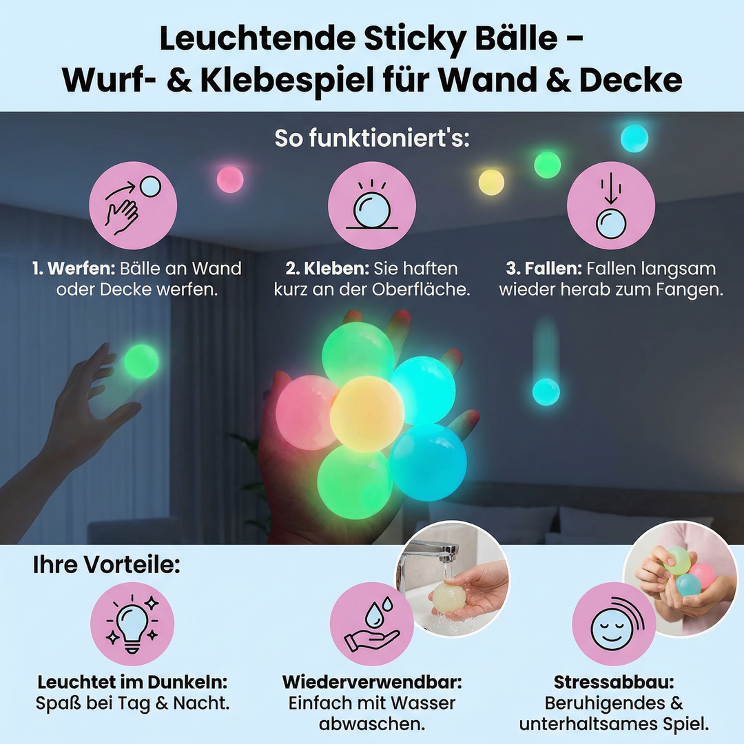 Glow-in-the-dark Sticky Bälle, die an Wänden kleben. Spannendes Leuchtspiel für Kinder, fördert Geschicklichkeit.