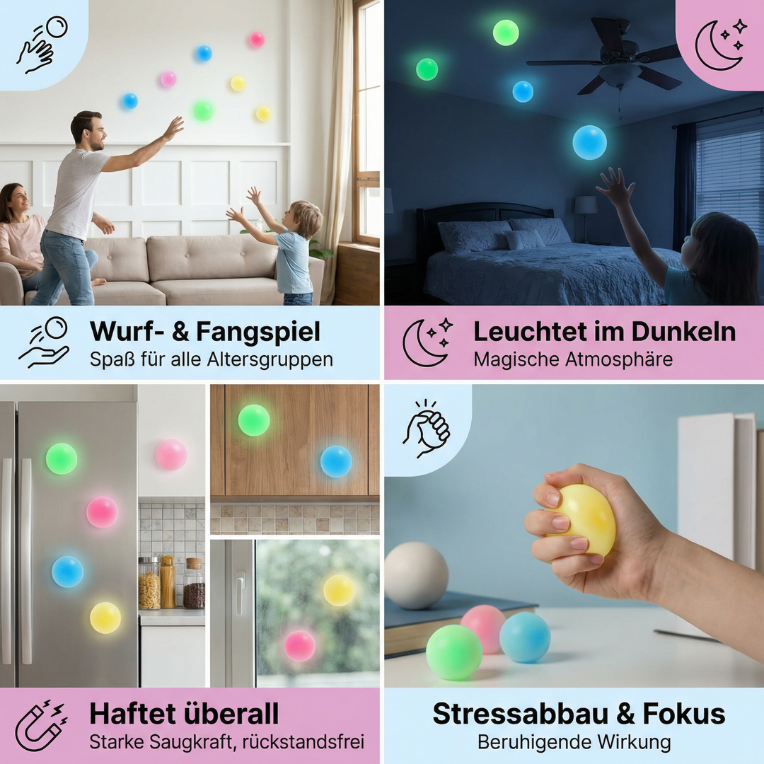 Kind wirft einen leuchtenden Sticky Ball, der an der Wand haftet. Fördert Konzentration und motorische Fähigkeiten beim Spielen.