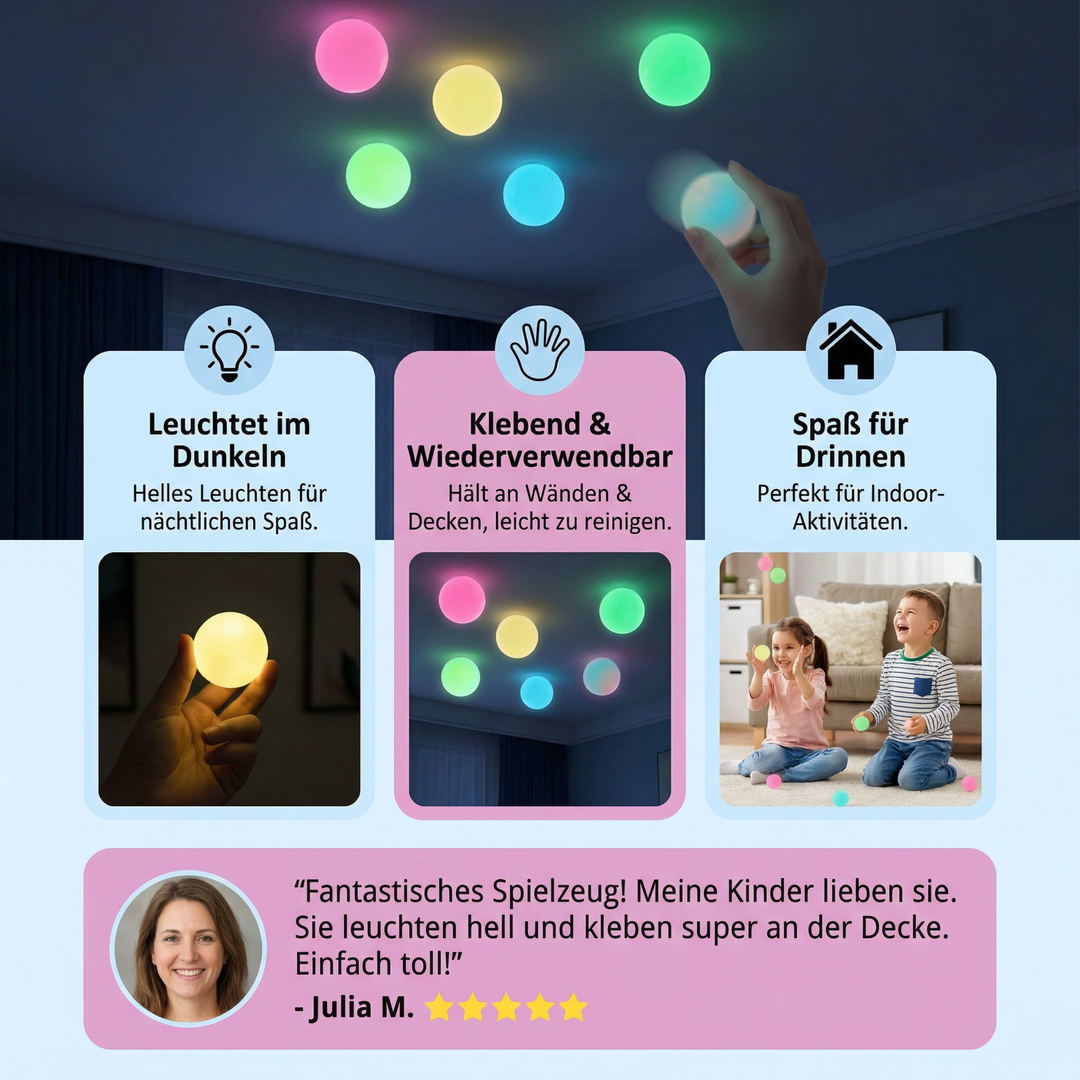 Bunte leuchtende Sticky Bälle, die haften. Pädagogisches Wurfspiel für Kinder zur Entwicklung von Motorik & Hand-Augen-Koordination.