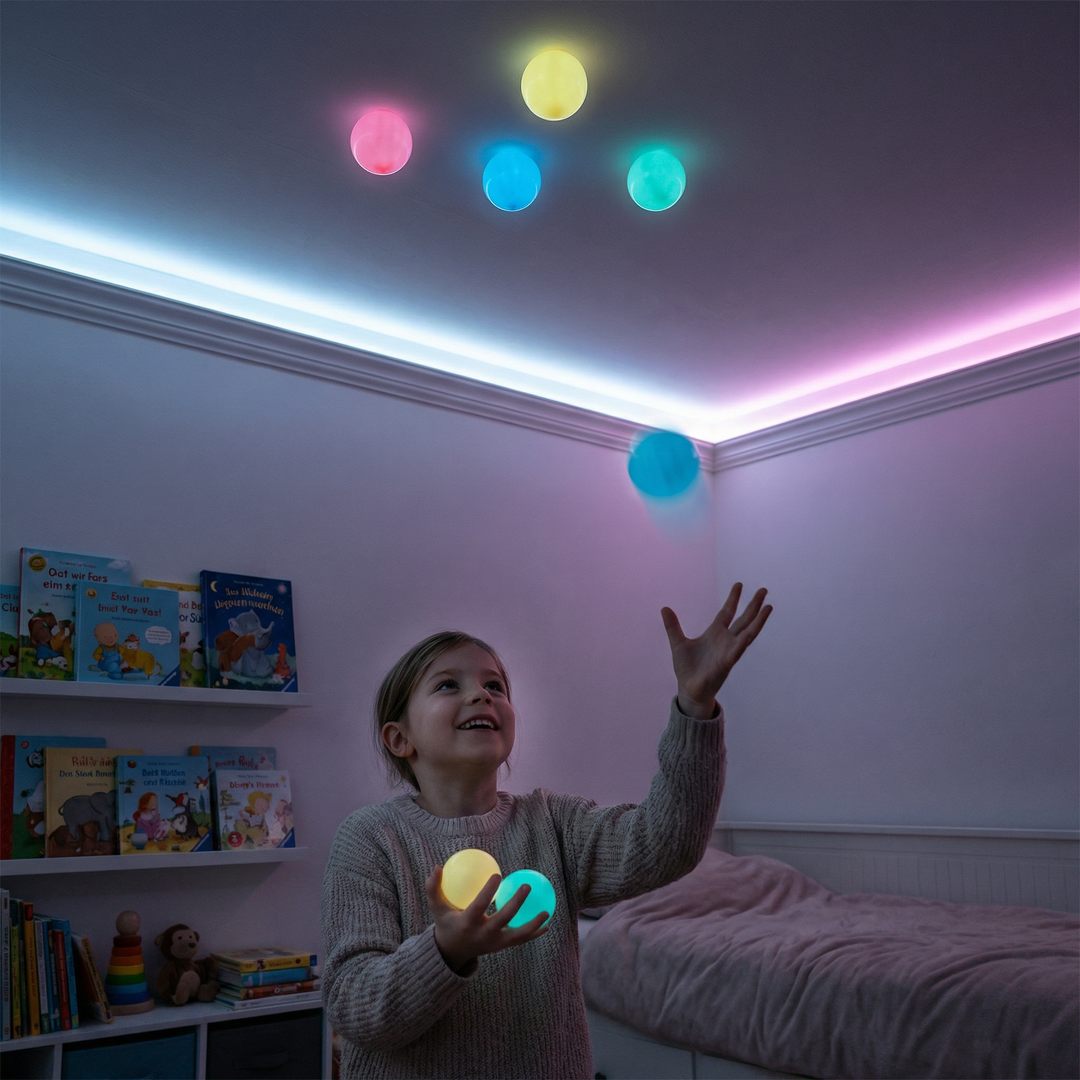 Mehrere Leuchtende Sticky Bälle in Aktion, kleben an Oberflächen und leuchten. Ideal für spannendes Kinderspiel.