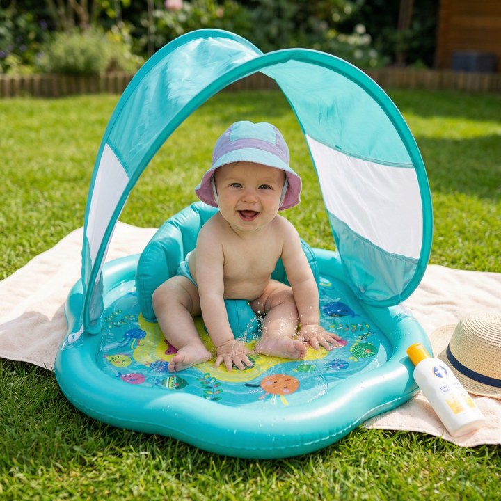 Aufblasbare Wasserspielmatte mit Sonnenschutz für Babys, ideal für sensorisches Spiel und Entwicklung im Garten.