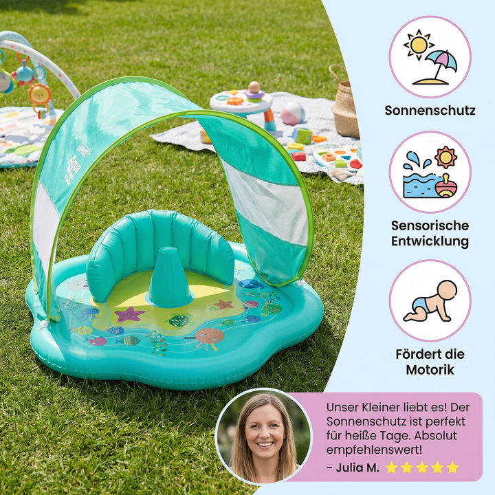 Bunte aufblasbare Babyspielmatte mit Sonnendach, ideal als Sommerspielzeug und kleines Planschbecken.