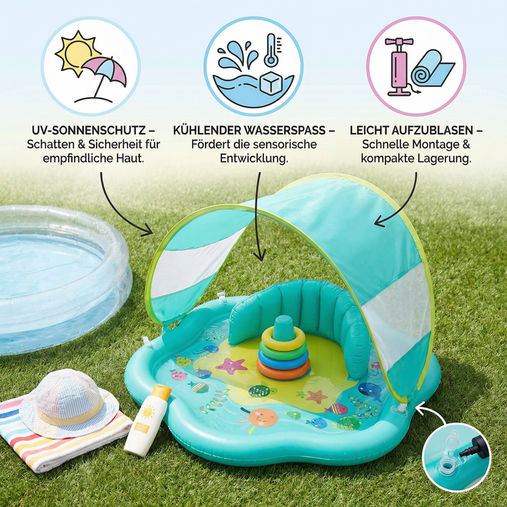 Sensorische Wassermatte für Babys mit aufblasbarem Sonnenschutzdach, perfekt für Spiel im Freien am Strand.