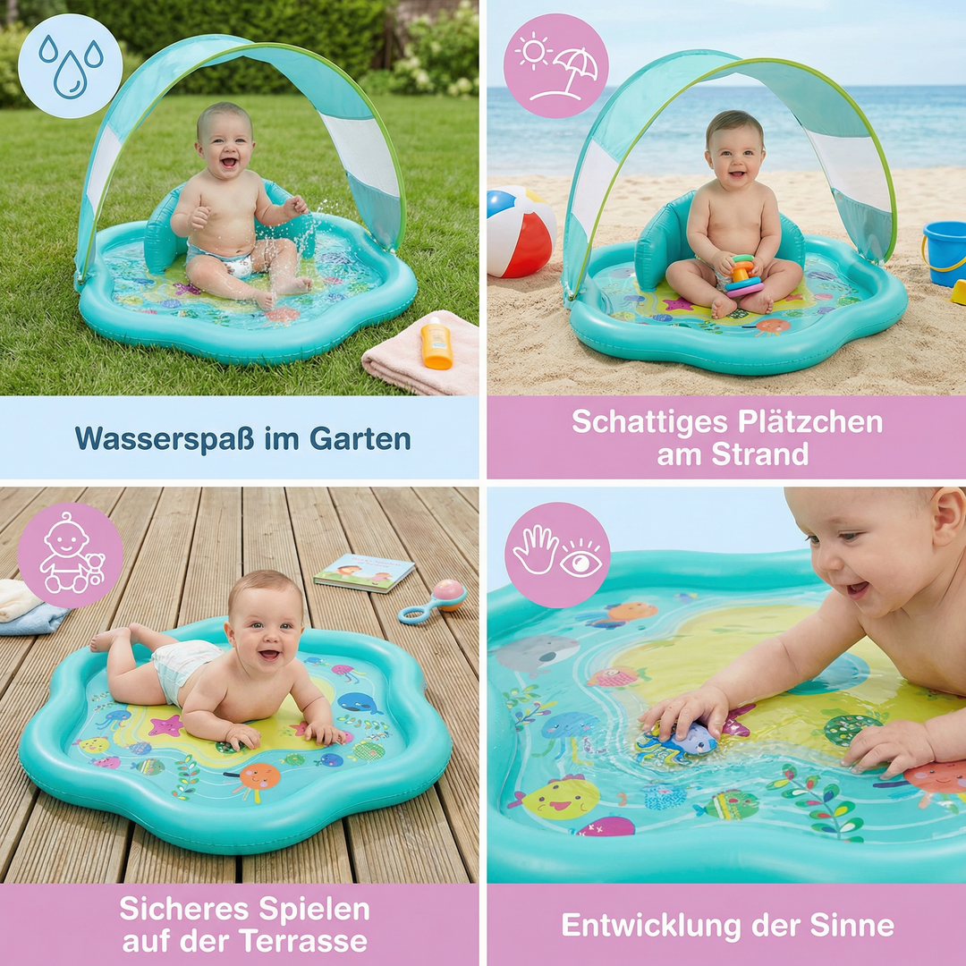 Aufblasbare Wasserspielmatte mit Sonnenschutz und Spielzeug für Babys zur Förderung der motorischen Entwicklung.