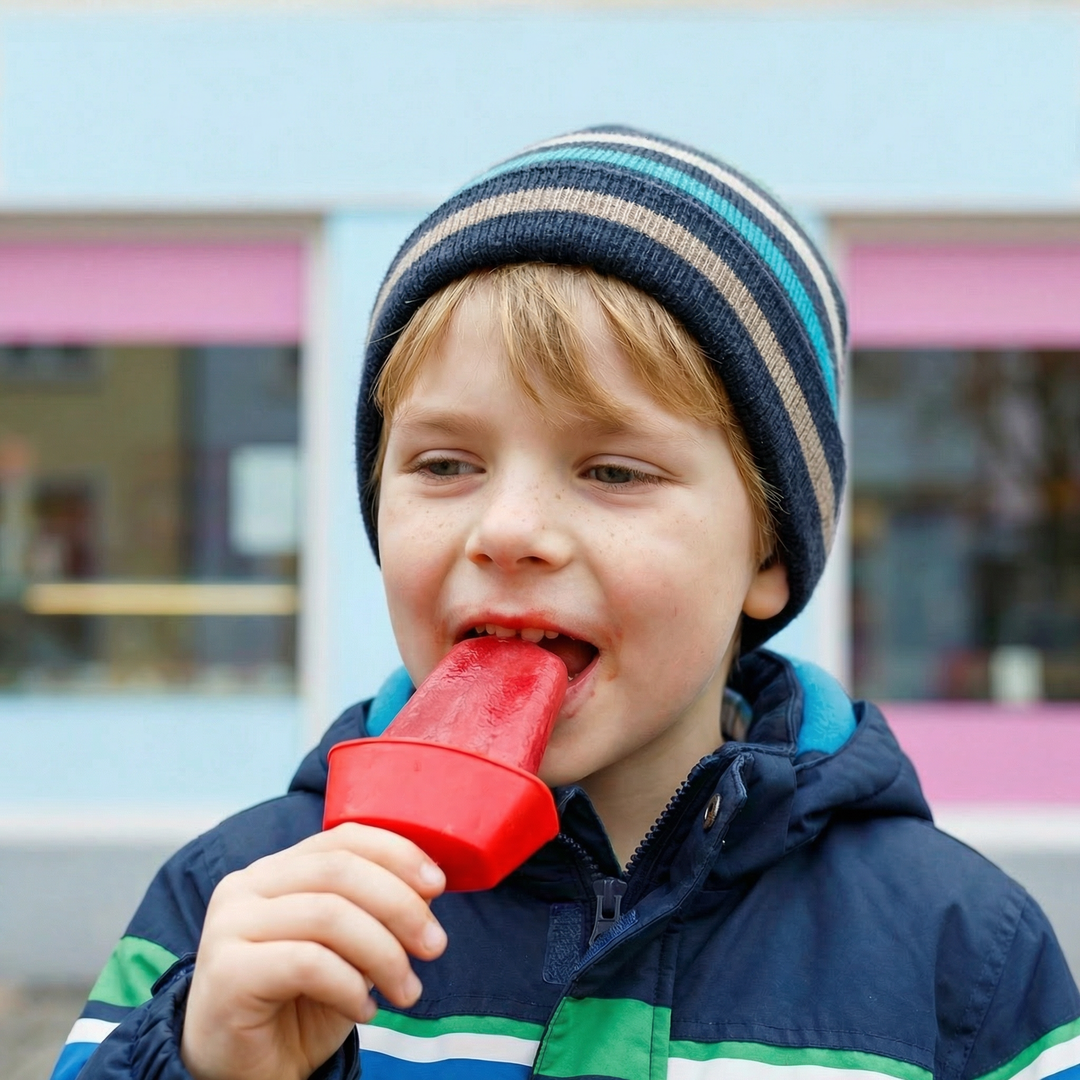 Kinder-Eishalter mit Eisfänger und Strohhalm, BPA-frei. Vermeidet Kleckern und sorgt für sauberen Eisgenuss.