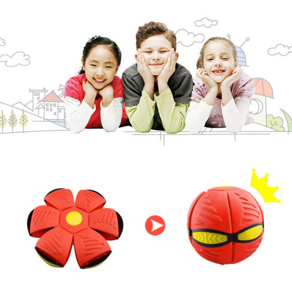 Verwandlungsball in Aktion: Ein Kind wirft das innovative Scheiben-zu-Ball-Spielzeug. Perfekt für den Garten.