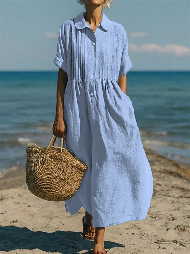 Damen Hemdblusenkleid Midi mit stilvoller Knopfleiste. Bequemes, fließendes Sommerkleid für Freizeit.