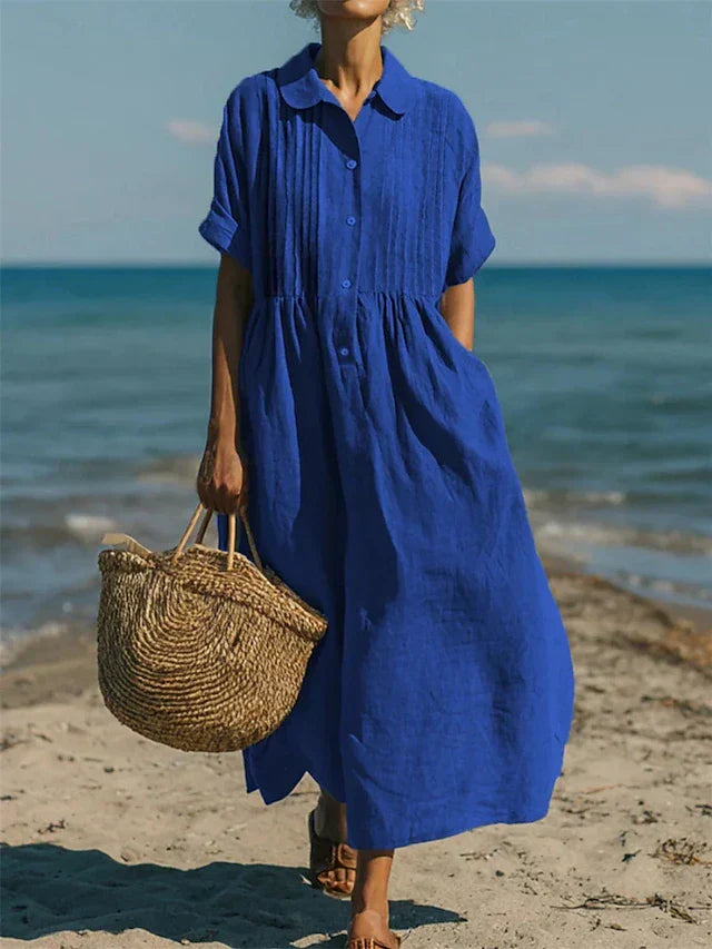 Damen Midi Hemdblusenkleid mit durchgehender Knopfleiste. Elegantes, fließendes Sommerkleid für jeden Anlass.