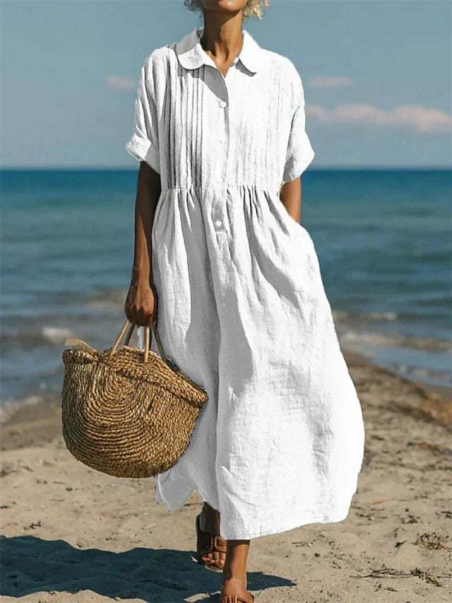 Bequemes Damen Midi Sommerkleid mit Knopfleiste. Fließendes Hemdblusenkleid, perfekt für Urlaub & Freizeit.