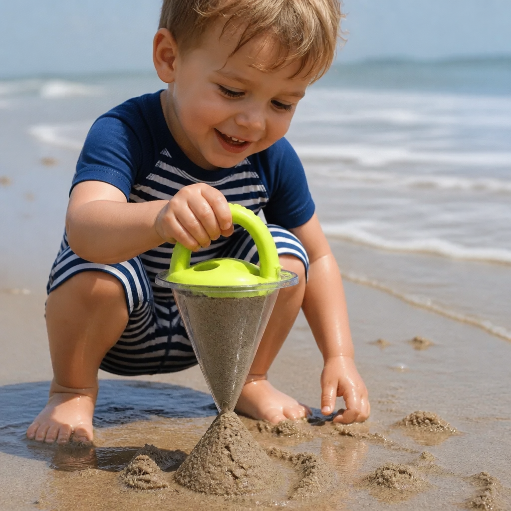 Verschiedene Kinder Sand Trichter im Set für kreativen Malspaß am Strand. Ideal für Sommer Outdoor und Motorikübungen.