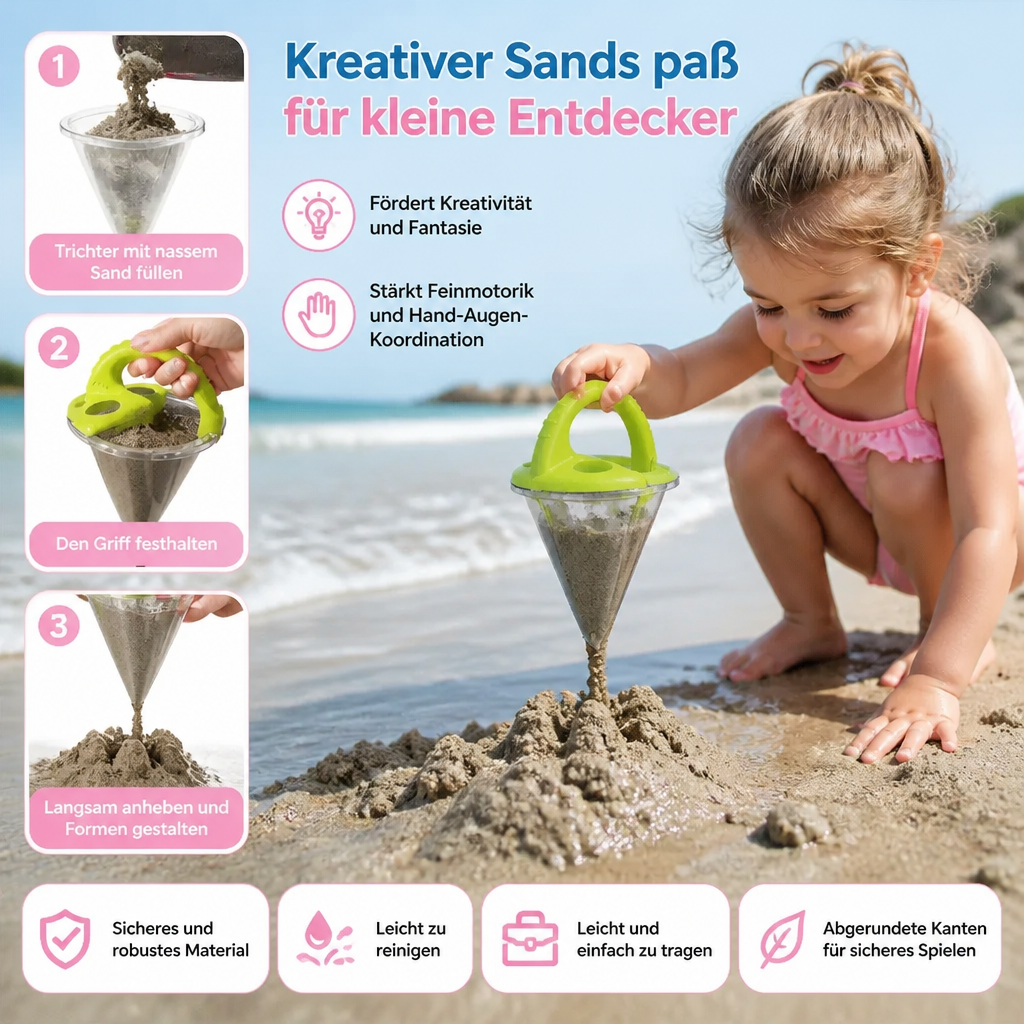 Kind malt mit Sand Trichter am Strand, kreiert fantasievolle Muster. Fördert Motorik und sommerlichen Outdoor-Spaß.