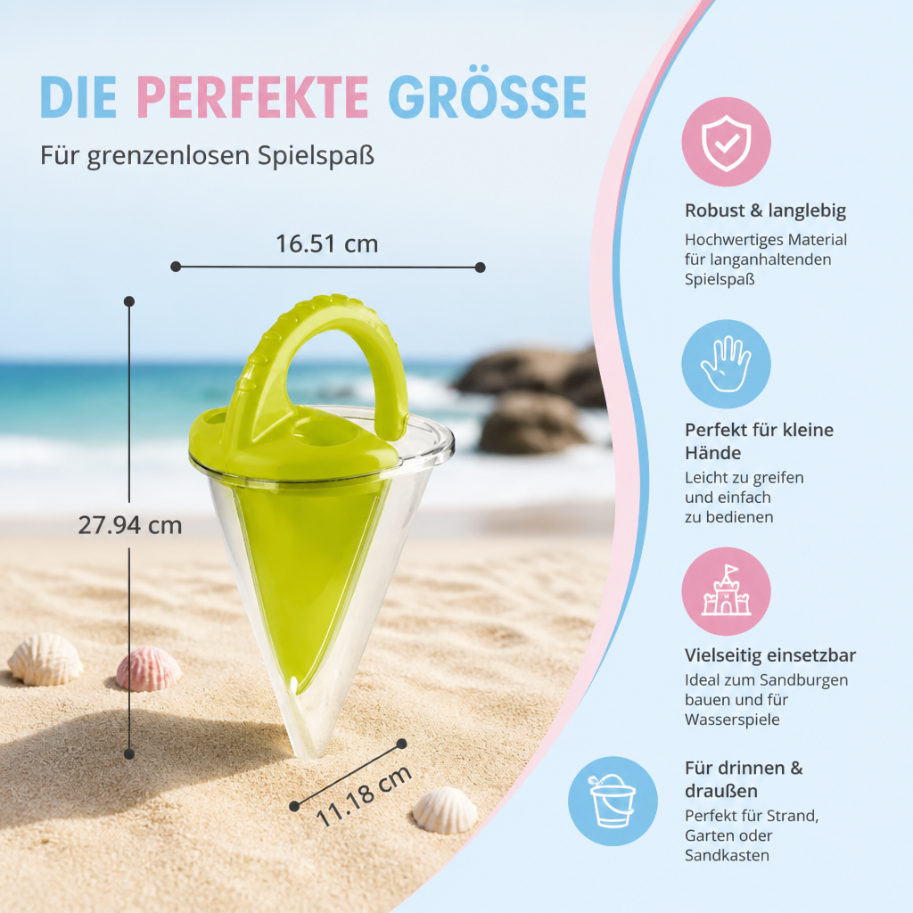 Glückliches Kind spielt mit Sand Trichter Spielzeug im Garten. Fördert Kreativität, Feinmotorik und Outdoor-Spaß.
