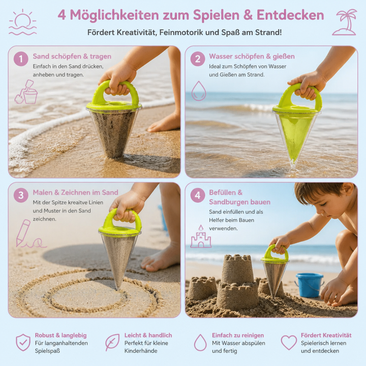Set aus bunten Kinder Sand Trichtern. Perfekt für kreatives Spielen, Schütten und Malen am Strand oder im Garten.