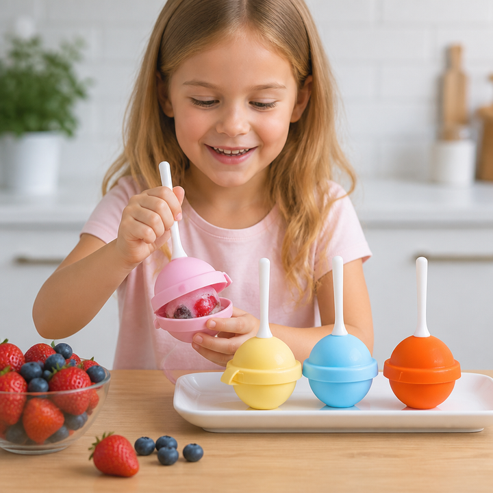 Lollipop Eisformen im 4er Set für DIY Eis am Stiel. Perfekt für Kinder & Erwachsene, gesunde Sommer-Snacks.