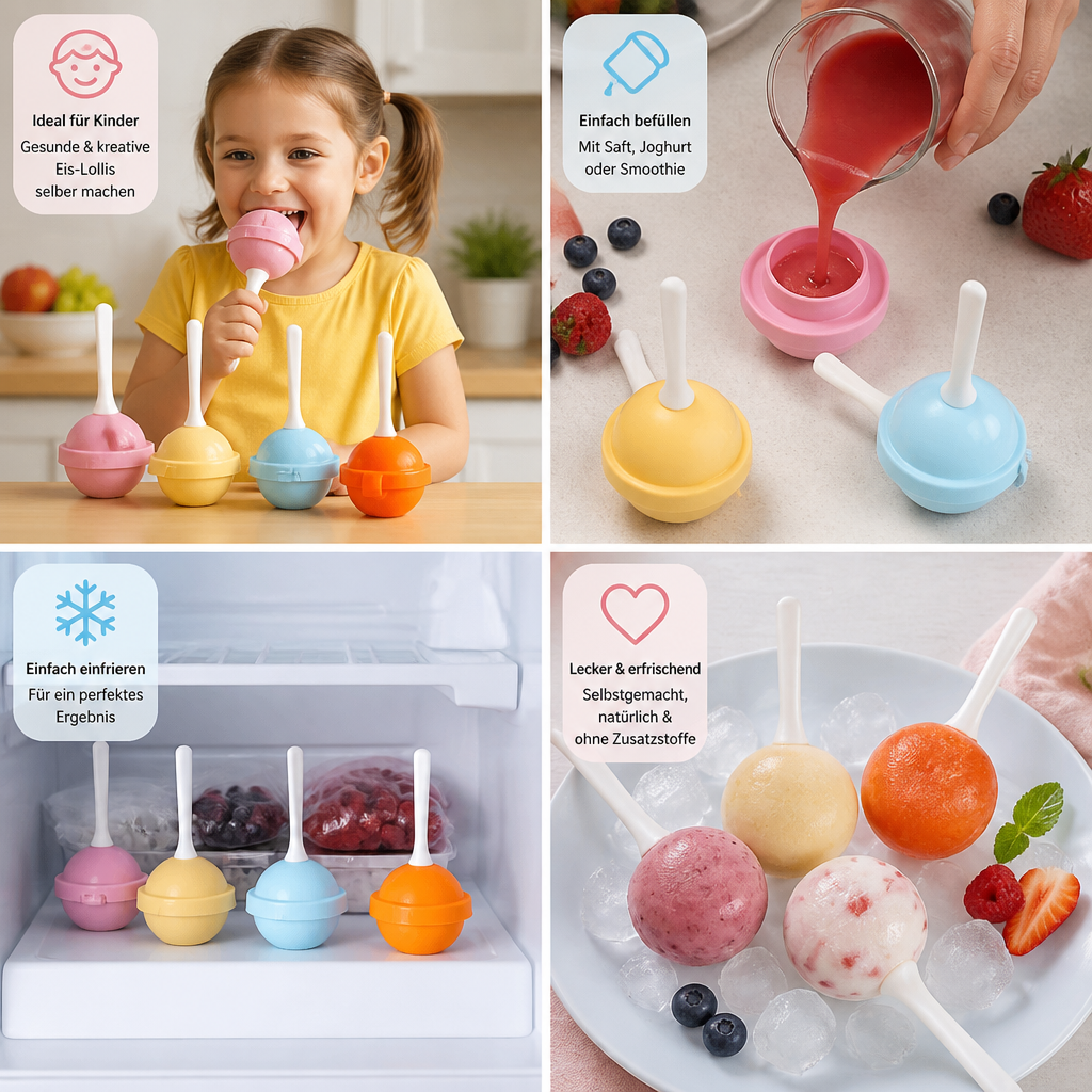 Lollipop-förmige Eisformen für selbstgemachtes Eis. Toll für Kindergeburtstage, sommerliche Partys & gesunde Leckereien.