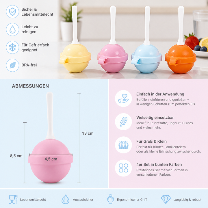 Praktische Lollipop Eisformen (4er Set) für DIY Eis am Stiel. Ein toller Küchenhelfer für gesunde Familien-Sommer-Snacks.